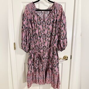 Paisley Knox Rose Pink and Black Sundress with V-Neck and Bishop Sleeves
